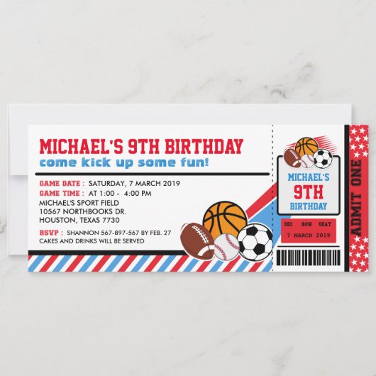 Sport All Star Ticket Pass Birthday Uitnodiging (Voorkant)