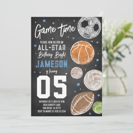 Sport All-Star Verjaardagsfeestuitnodiging Kaart (Staand voorkant)