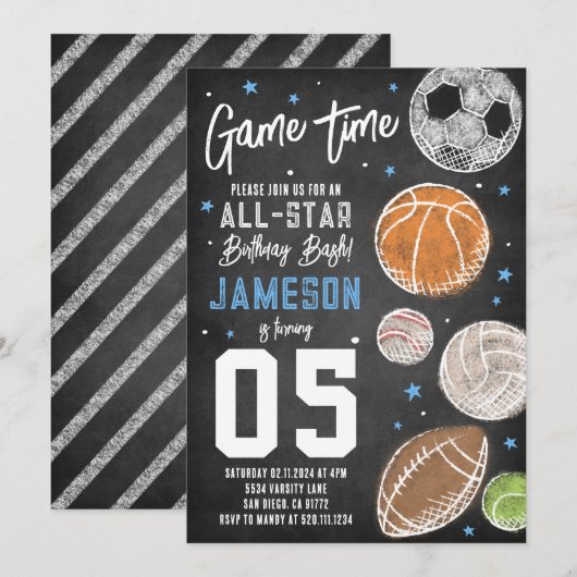 Sport All-Star Verjaardagsfeestuitnodiging Kaart (Voorkant / Achterkant)