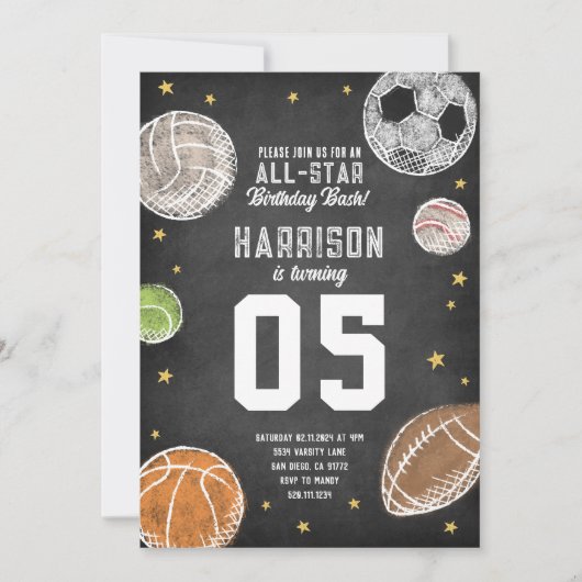Sport All-Star Verjaardagsfeestuitnodiging Kaart (Voorkant)