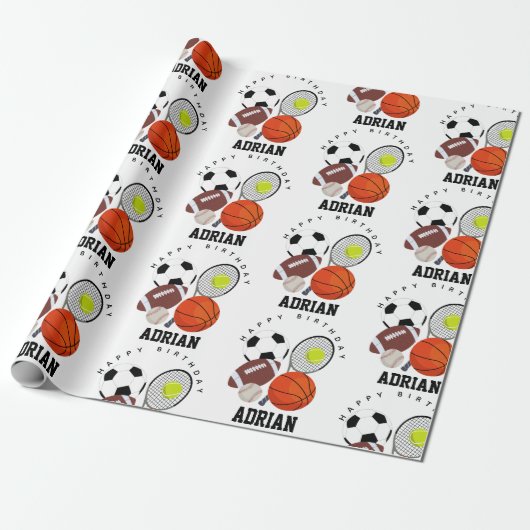 Sport Athletic Balls Persoonlijke naam Birthday Cadeaupapier (Uitgerold)