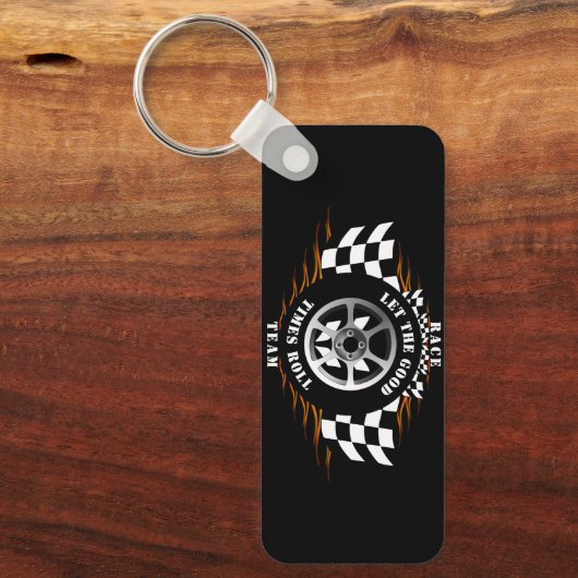 Sport auto racen geruite burn-out vlammen cool sleutelhanger (Voorkant)