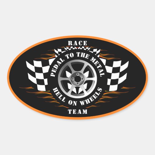 Sport auto racen geruite vlag vlammen helm ovale sticker (Voorkant)