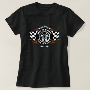 Sport auto racen hel op wielen geruite vlag t-shirt