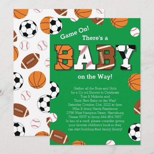Sport Baby shower Coed Thema Kaart (Voorkant / Achterkant)