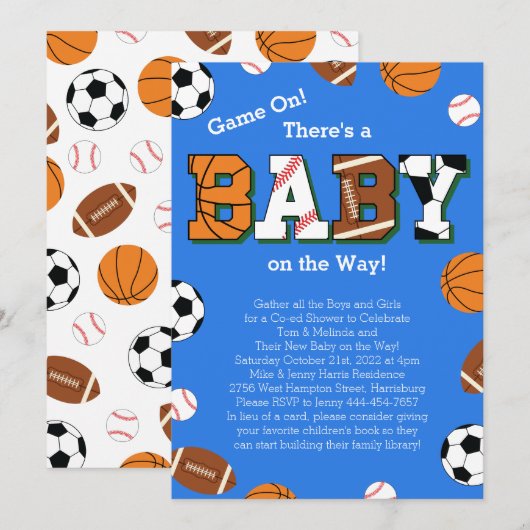 Sport Baby shower Coed Thema Kaart (Voorkant / Achterkant)
