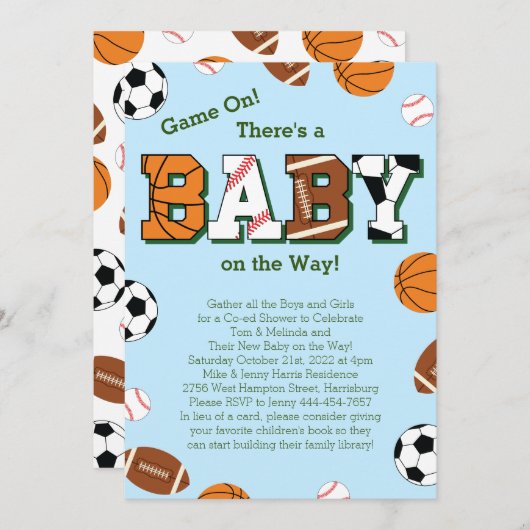 Sport Baby shower Coed Thema Kaart (Voorkant / Achterkant)