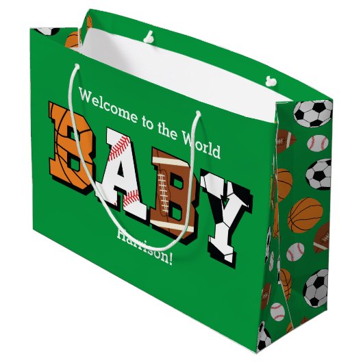 Sport Baby shower Gecodeerd Groen Genderneutraal Groot Cadeauzakje (Achterkant Gekanteld)