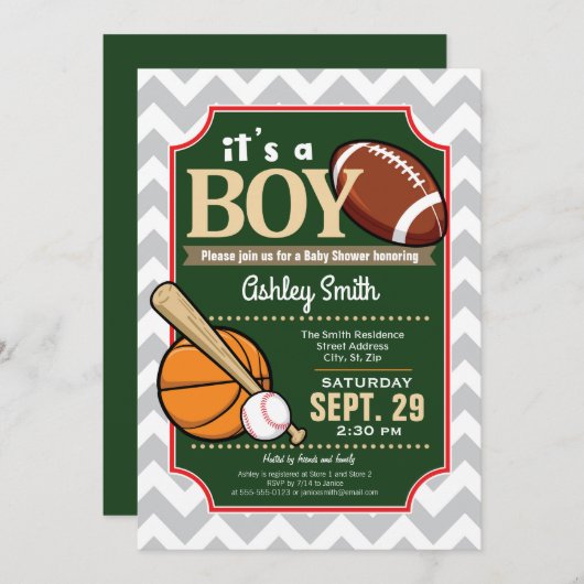 Sport Baby shower Invitation Boy Kaart (Voorkant / Achterkant)