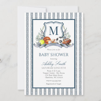 Sport Baby Shower, Preppy Sport Crest Uitnodiging