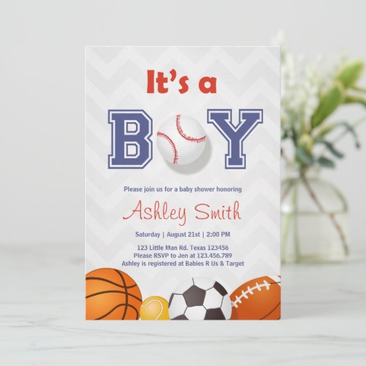 Sport Baby shower uit te nodigen Het is een jongen Kaart (Staand voorkant)