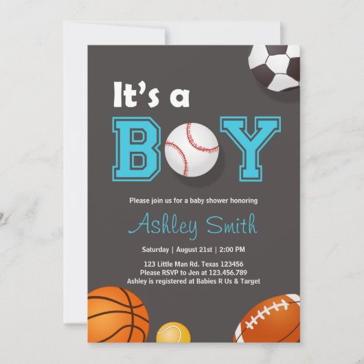Sport Baby shower uit te nodigen Het is een jongen Kaart (Voorkant)