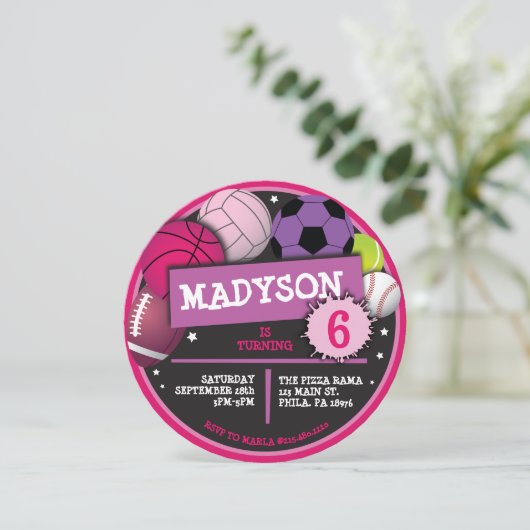 SPORT BALLEN Meisjes Verjaardagsfeest Uitnodiging (Staand voorkant)