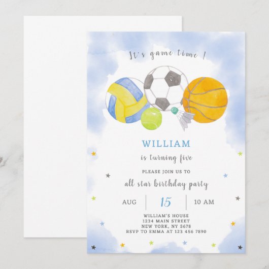 Sport Balls Verjaardag Uitnodiging (Voorkant / Achterkant)