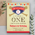 sport Baseball 1e verjaardag Uitnodiging Briefkaart<br><div class="desc">Verbaasd je gasten met deze coole verjaardagsuitnodiging met gekruiste vleermuizen en een honkbal met moderne typografie tegen een rustige parkachtergrond. Voeg eenvoudig uw gebeurtenisdetails op deze makkelijk te gebruiken sjabloon toe om het één-van-een-soort uitnodiging te maken.</div>