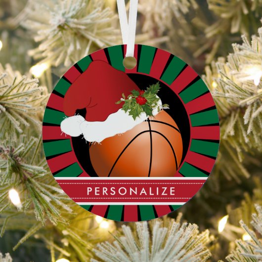 Sport Basketbal Kerstmis Santa Hat 2 Metalen Ornament (Insitu)
