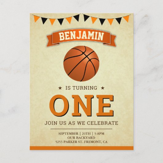 sport Basketball 1e verjaardag Uitnodiging Briefkaart (Voorkant)