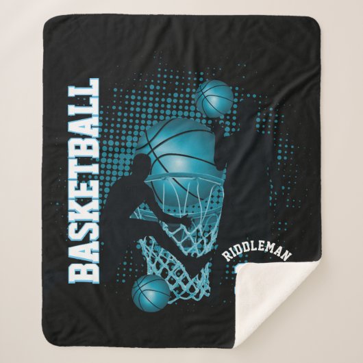 Sport Basketball - Zwart en Babyblauw Sherpa Deken (Voorkant)