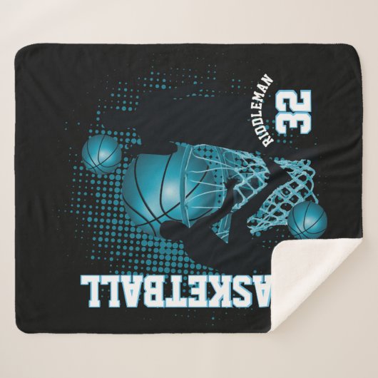 Sport Basketball - Zwart en Babyblauw Sherpa Deken (Voorkant (horizontaal))