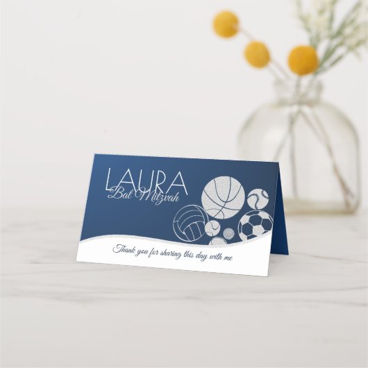 Sport Bat Mitswa Blauw en Goud Zitplaatsen Kaart Plaatskaartje (Achterkant)