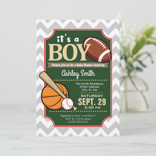 Sport Boy Baby shower Uitnodiging (Staand voorkant)
