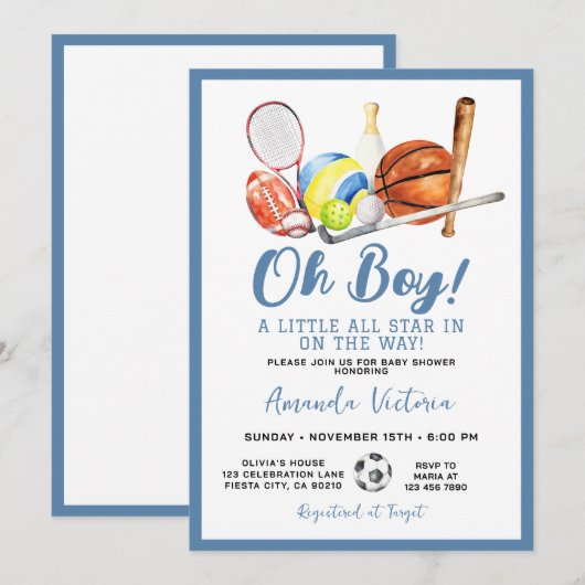 Sport Boy Ball All Star Themed Party Baby Shower Kaart (Voorkant / Achterkant)