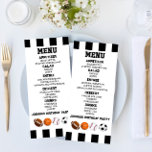 Sport Football Basketball Birthday Party Food Menu<br><div class="desc">Dit is een menu van verjaardagsfeestjes. Het menu van het b-day-jongensvoer bevat drink van het dessert lijstmenu zwart wit eenvoudig schoon</div>