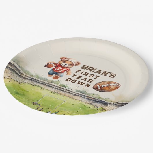 Sport football eerste jaar down boy 1e verjaardag papieren bordje (Gekanteld)