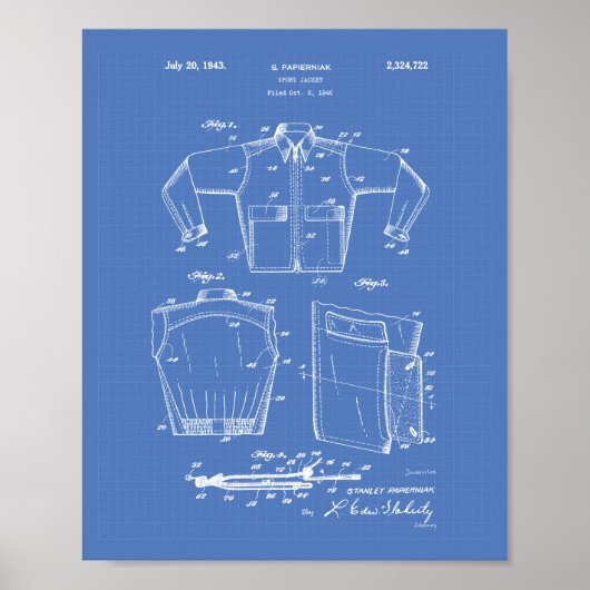 Sport Jacket 1943 Patent Art Blueprint Poster (Voorkant)