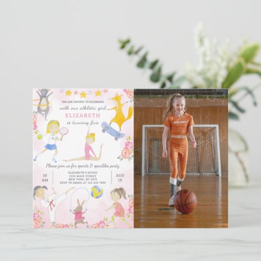 Sport Meisje Verjaardag Uitnodiging met Foto (Staand voorkant)