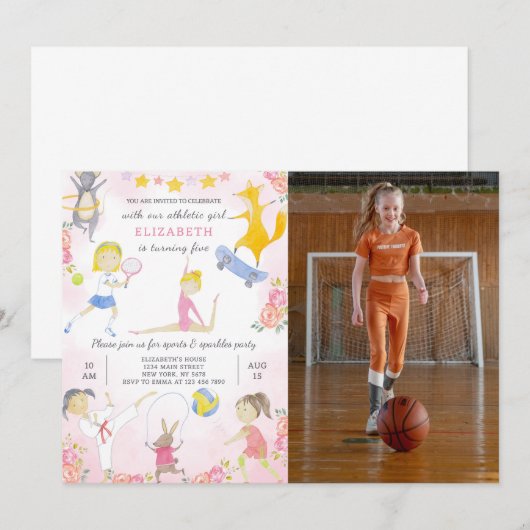 Sport Meisje Verjaardag Uitnodiging met Foto (Voorkant / Achterkant)