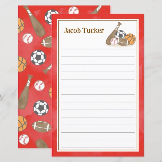 Sport Navy Rode Kinder Lijnbrief Schrijfpapier (Voorkant / Achterkant)