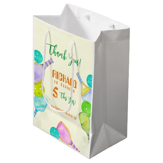 Sport Party Waterverf Pickleball thema Verjaardag Medium Cadeauzakje (Voorkant Gekanteld)