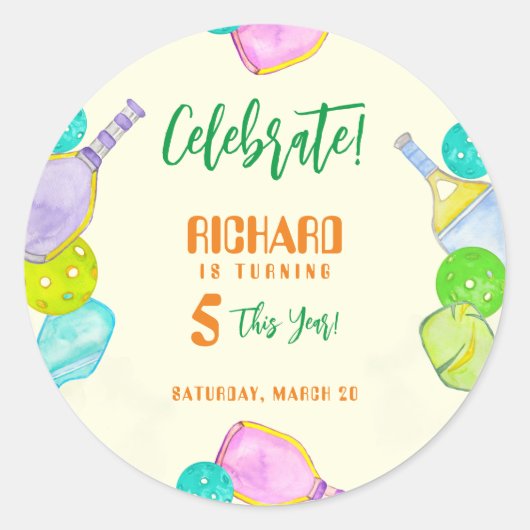 Sport Party Waterverf Pickleball thema Verjaardag Ronde Sticker (Voorkant)