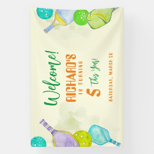 Sport Party Waterverf Pickleball thema Verjaardag Spandoek (Verticaal)