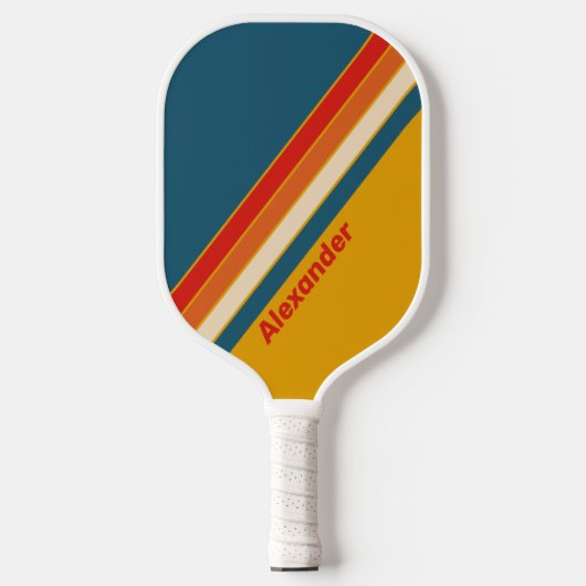 Sport Retro Mosterd Gestreept met Naam Pickleball Paddle (Voorkant)