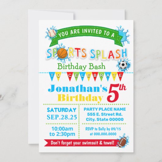 Sport splash verjaardag zomer water party kaart (Voorkant)