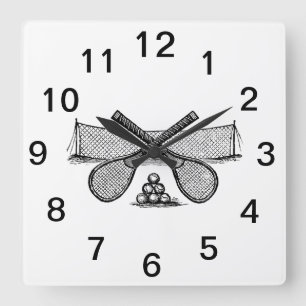 Sport  Tennis Net, Crossed Racquets, Balls Vierkante Klok