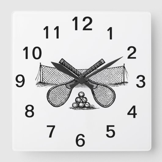 Sport  Tennis Net, Crossed Racquets, Balls Vierkante Klok (Voorkant)