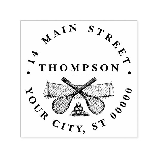 Sport  Tennis Net, Crossed Racquets, Balls Zelfinktende Stempel (Design)