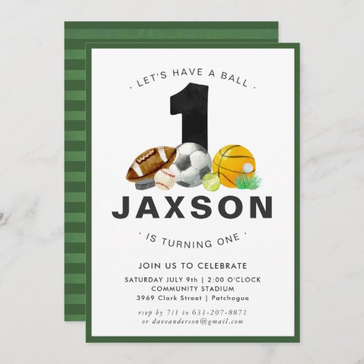 Sport Thema 1e Verjaardagsfeest Uitnodiging (Voorkant / Achterkant)