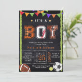 Sport Thema schoolbord Baby Boy Douche Uitnodiging (Staand voorkant)