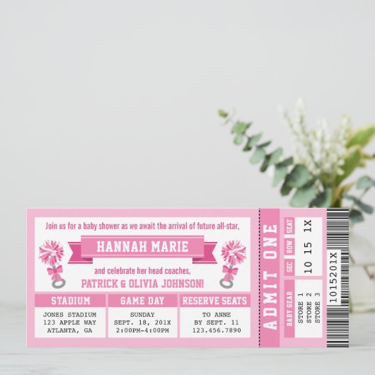 Sport Ticket Baby shower Uitnodigen, Roze Cheerlea Kaart (Staand voorkant)