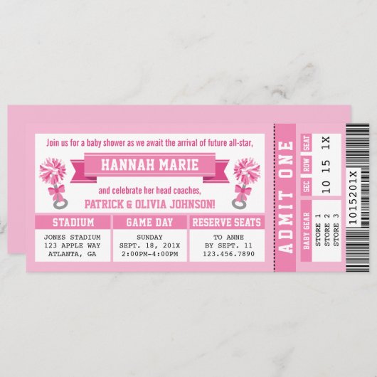 Sport Ticket Baby shower Uitnodigen, Roze Cheerlea Kaart (Voorkant / Achterkant)