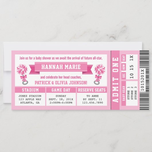 Sport Ticket Baby shower Uitnodigen, Roze Cheerlea Kaart (Voorkant)