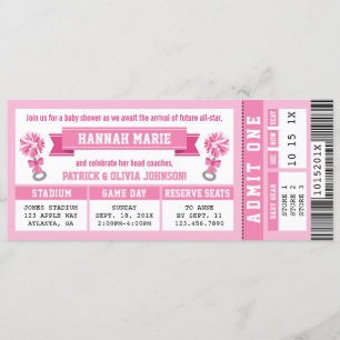 Sport Ticket Baby shower Uitnodigen, Roze Cheerlea Kaart