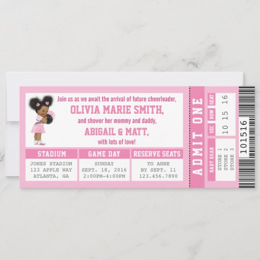 Sport Ticket Baby shower Uitnodiging, Meisje, Roze Kaart (Voorkant)