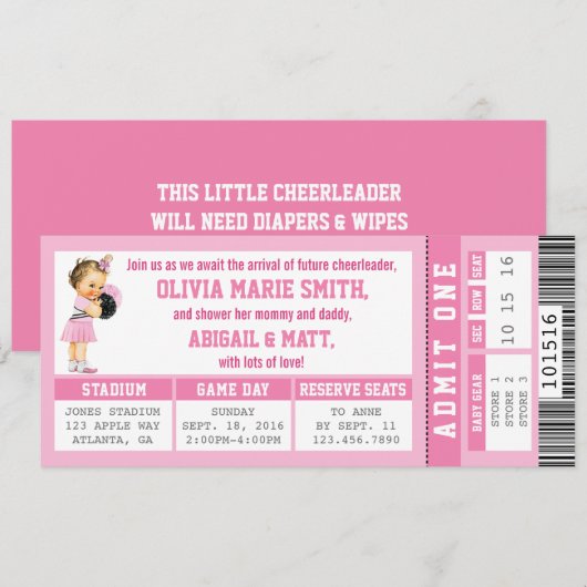 Sport Ticket Baby shower Uitnodiging, Meisje, Roze Kaart (Voorkant / Achterkant)