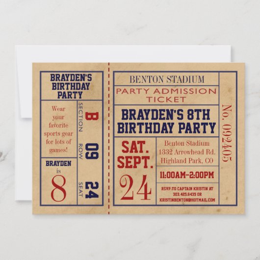  sport Ticket Birthday Invite - Baseball Kaart (Voorkant)
