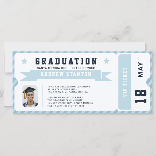 Sport Ticket Navy Blue Foto Afstuderen Uitnodiging (Voorkant)
